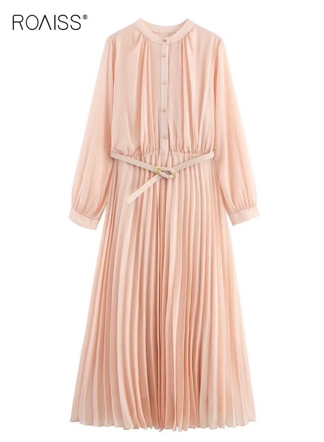 رويس فستان ميدي نسائي بأكمام طويلة مطوية، فستان أنيق بياقة دائرية وحزام، فستان رومانسي ناعم ومريح مناسب للعمل والمكتب والمواعيد والارتداء اليومي في فصلي الربيع والخريف، لون وردي فاتح - Image 1